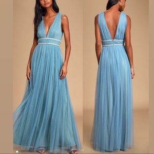 NWT Delightful Occasion Slate Blue Beaded Tulle Maxi Dress